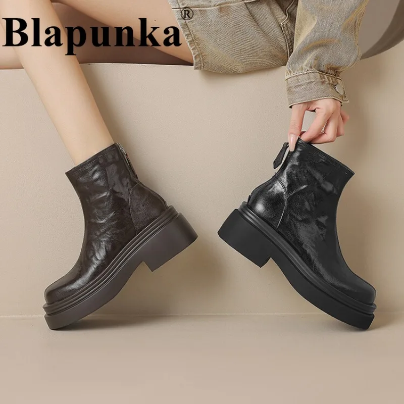 

Blapunka Women Crumpled Sheepskin Boots Chunky Medium Heels Platform Motorcycle Boots Woman Round Toe Gothic Zipper Shoes Autumn