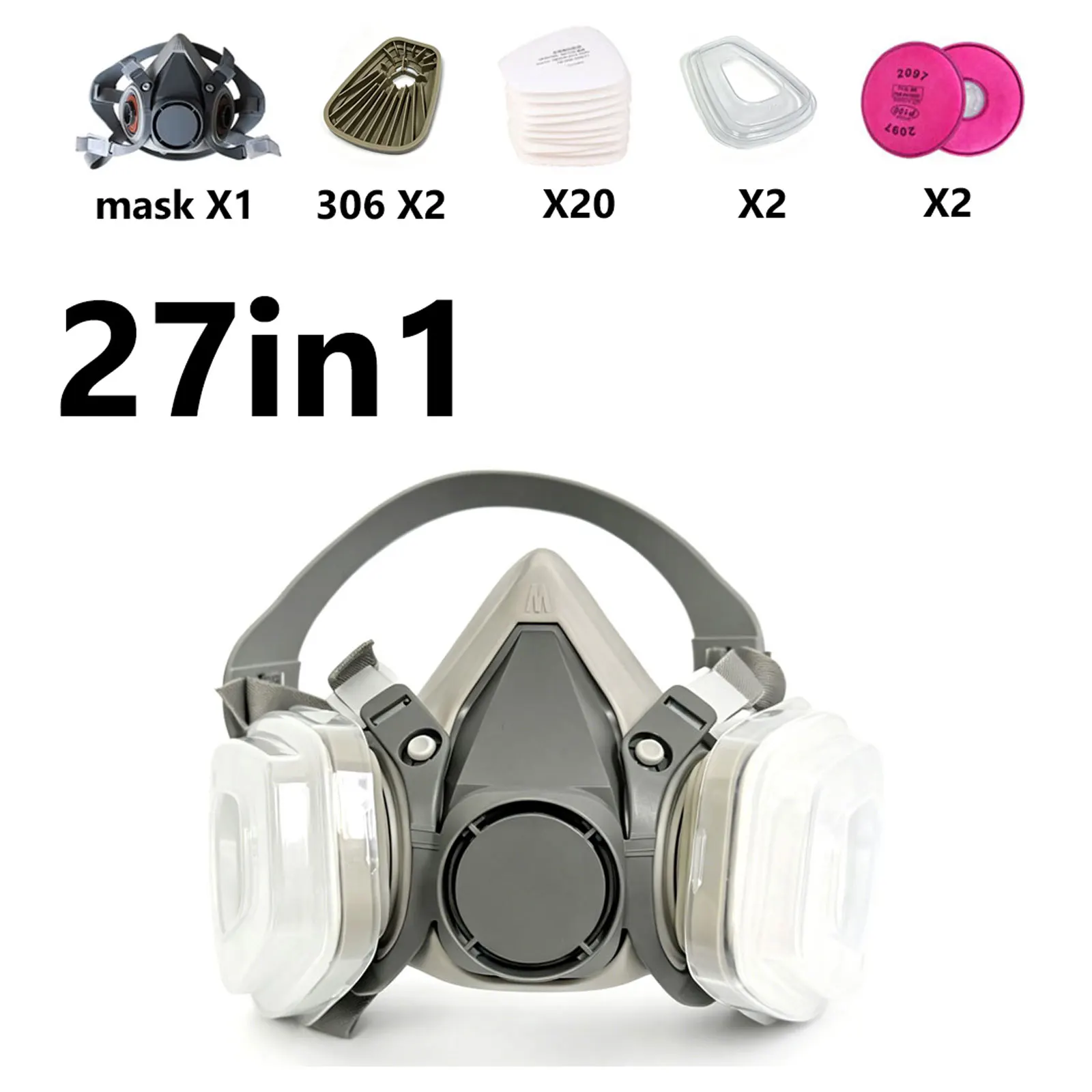 Vue de face du demi-masque 6200 avec cartouches 306-27in1, montrant les fixations et le joint d'étanchéité.