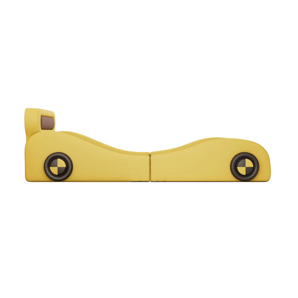 Gelbes PU-Leder-Autobett für Kinder, gepolstert, 90 x 200 cm, mit leuchtenden Rädern, Kinderbett für Jungen und Mädchen, Schlafzimmermöbel – Detail 11