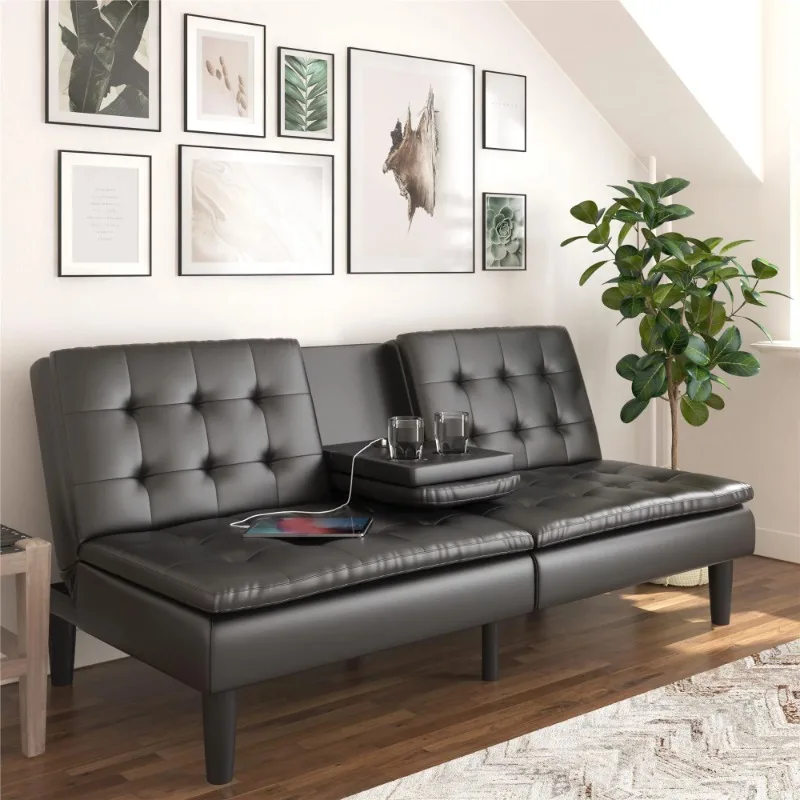 

Mainstays Memory Foam Futon with Cupholders and USB, Black Faux Leather