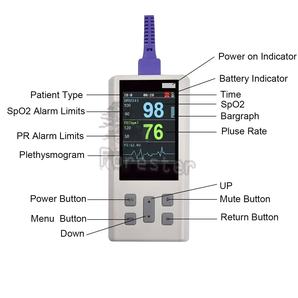 Portable Handheld Pulse Oximeter rechargeable Monitor for Heart Rate Oxygen Saturation with Veterinary SPO2 PR PI with Memory