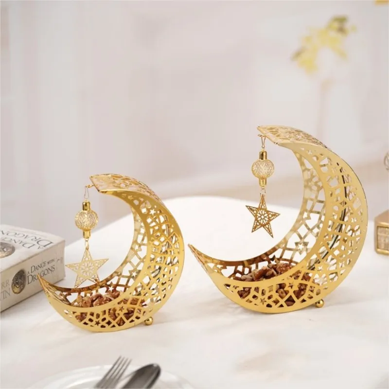 Ramadan Moon Star Hollow Golden Iron Tray Snack Comfit Fruit Storage Living Room Kitchen Festival Party Wedding Table Decoration 4