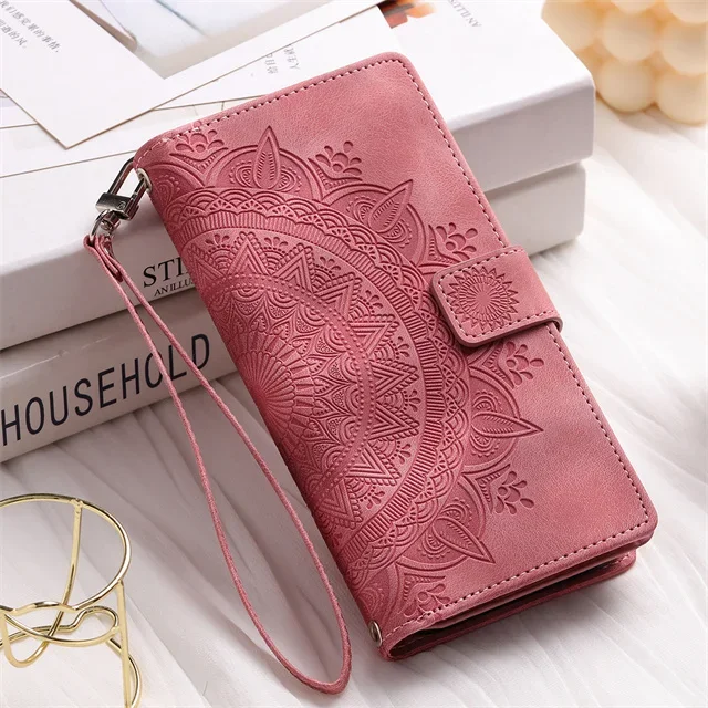 Embossed Lanyard Leather Wallet Phone Case