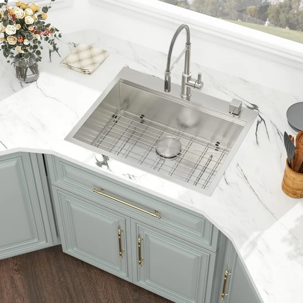 28 Kitchen Sink Drop In - 28x22 Inch Drop Sink Workstation Stainless Steel Single Bowl Topmount Overmount Kitchen Sink Handmade 3