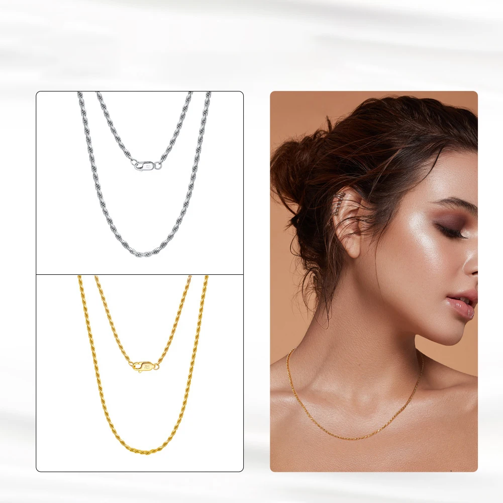 MIQIAO 925 Sterling Silver Jewelry 14K Gold Color Italian Rope Chain Necklace For Women Man 1.5MM Thick 40 45 50 55 60CM Long