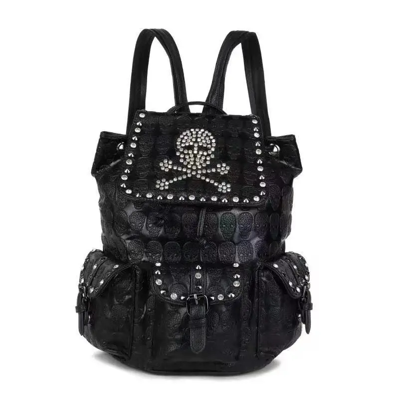 Gothic Dark Skull Rivets Women Backpacks Punk Female School Bag Personality Black Lolita Cosplay PU Leather Designer Backpack