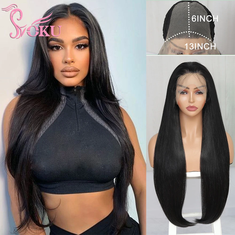 SOKU 6x13 Synthetic Lace Front Wigs 30 Inches Long Straight Natural Lace Wigs Pre Plucked with Baby Hair Trendy Wig for Women