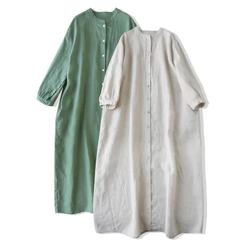 2025 Cotton Linen Dress Artistic Stand Collar Long Shirt Dress Pure Linen Dress Loose-Fit Cotton Linen 1
