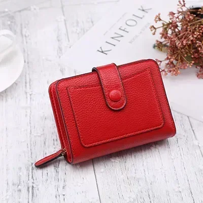 Luxury Women's Compact Leather Wallet with Card Holder and Coin Purse - Red & Black