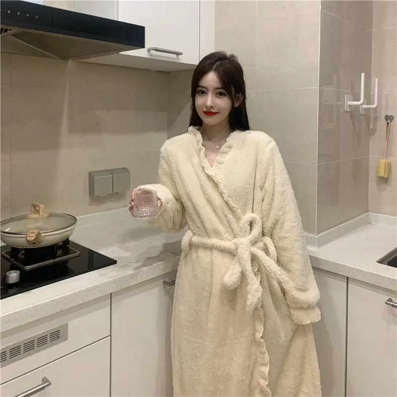 Ruffles Robe for Women Belt Sleepwear Fleece Night Wears Nightdress Winter Pajama Solid Nightgown Long Sleeve Warm Homewear