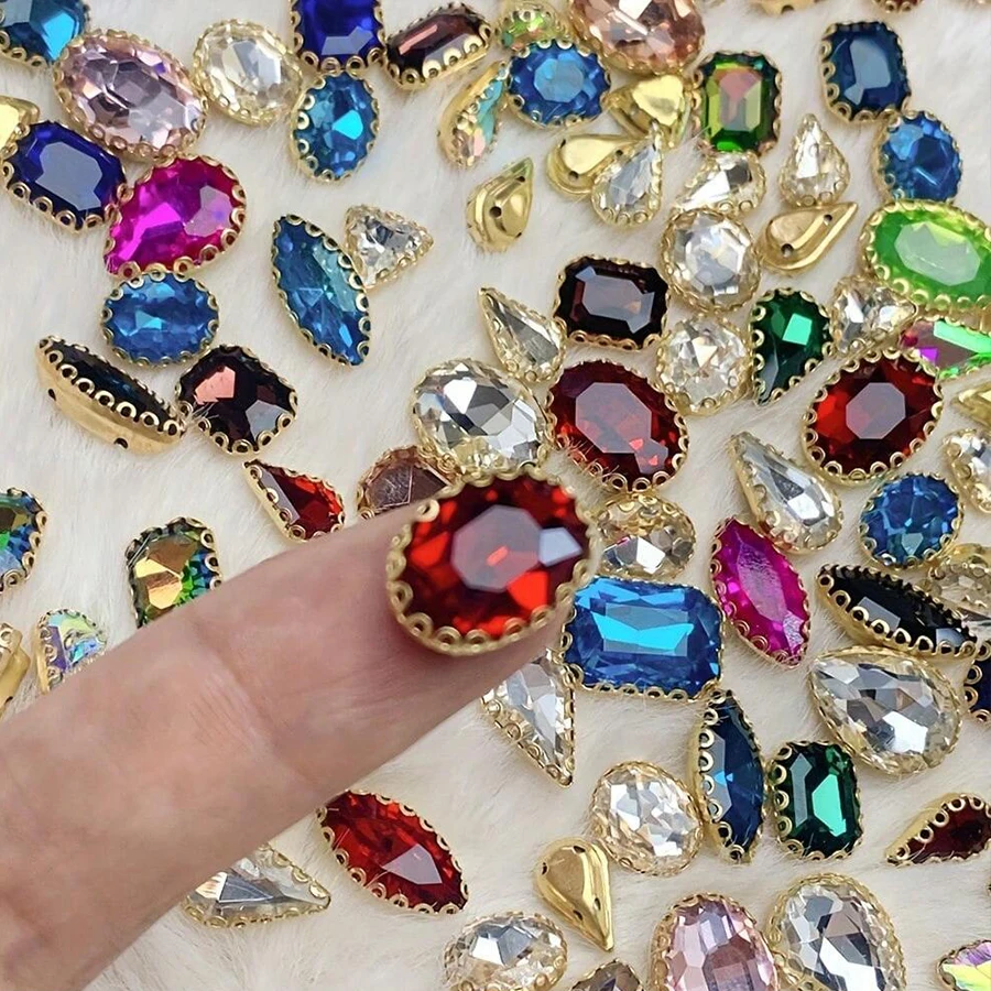 Rhinestone embellishments mixed colors with golden claw glass sew-on gems for DIY fashion clothing shoes hats bags decor