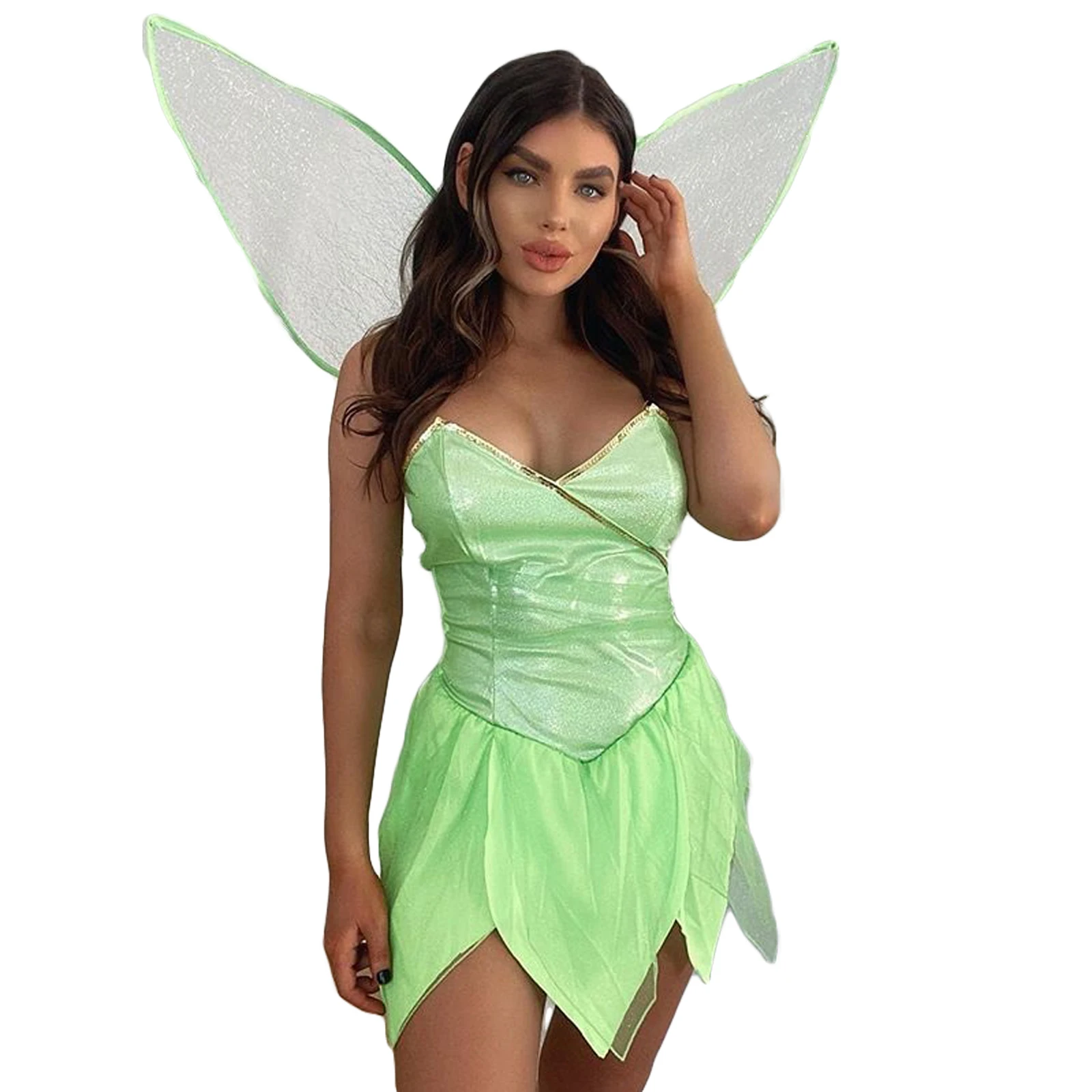 

Women Halloween Elf Fairy Cosplay Costume Set Forest Fairy Princess Dress Sexy Sequin Tube Tops Short Dress with Wings