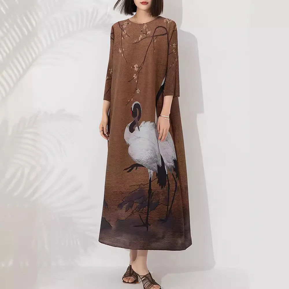 

Women's dresses Miyake Pleated fashion crew-neck seven-point sleeved plus-size crane print dress