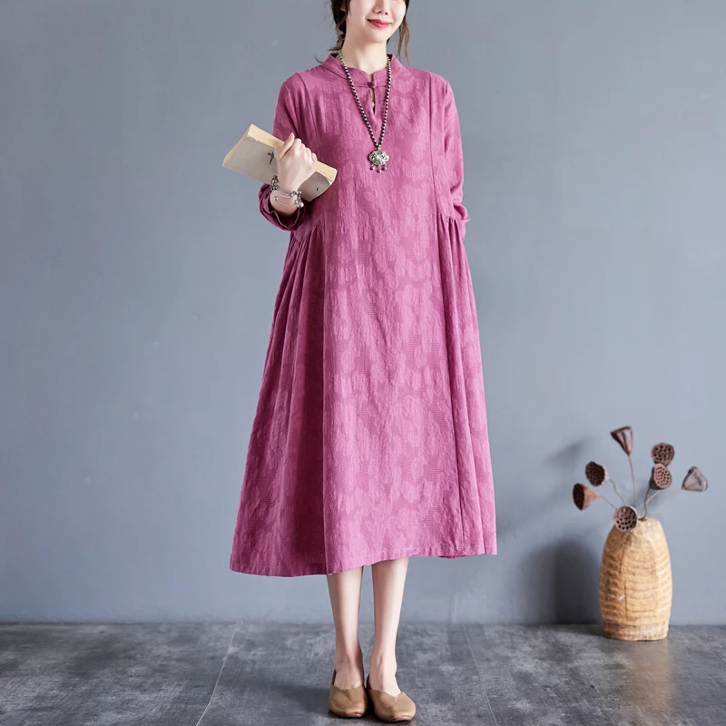 

Cotton Linen Jacquard Vintage Chinese Style Autumn Robes Cheongsam Office Lady Work Dress Loose Women Casual Spring Midi Dress