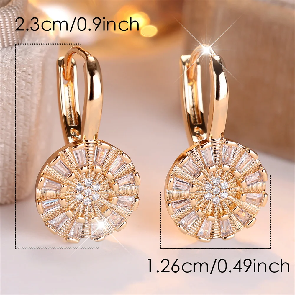 Luxury Crystal White Zircon Round Flower Hoop Earrings For Women Vintage Gold Color Ear Buckle Wedding Jewelry Versatile Gifts