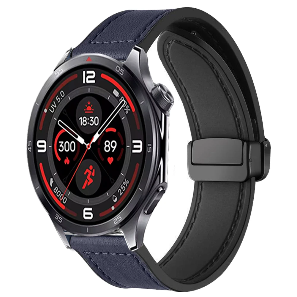 Premium Silicone and Leather Magnetic Buckle Replacement Wristband, 20mm/22mm