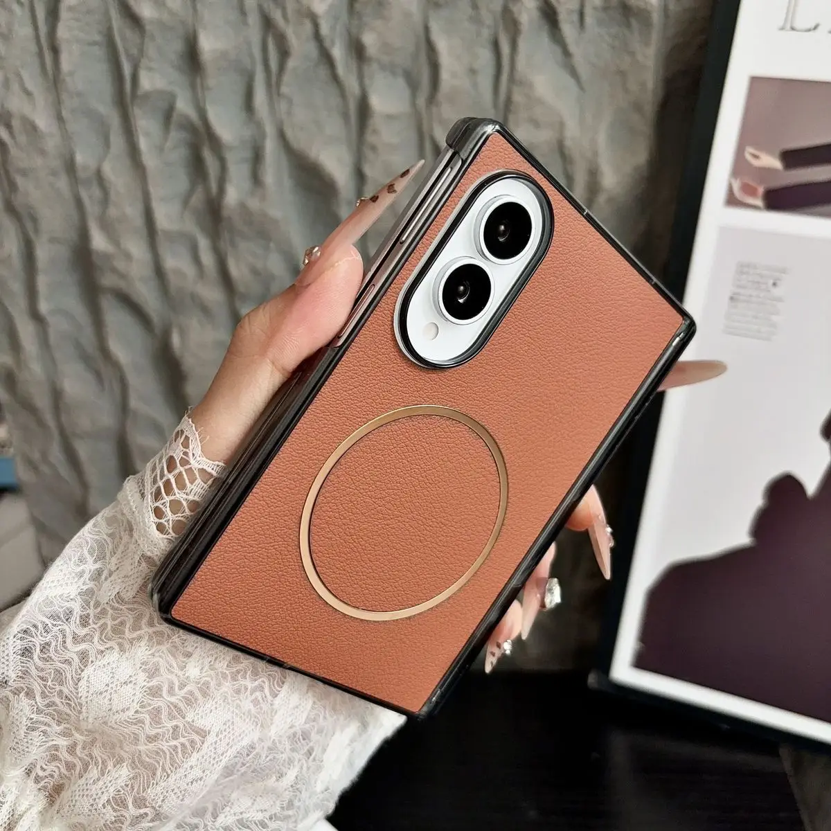 Luxury PU Leather Magnetic Armor Case with Hinge Protection