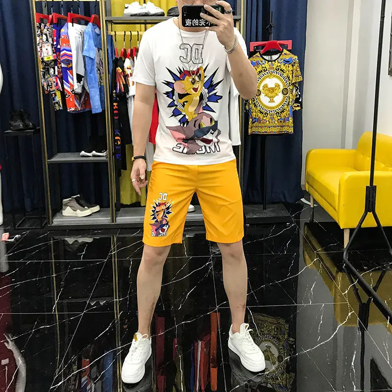 New Rhinestone Letter Print Summer Men's 2-piece Suit, Ice Silk Sports Suit, Korean Fashion Round Neck T-shirt Shorts Sets