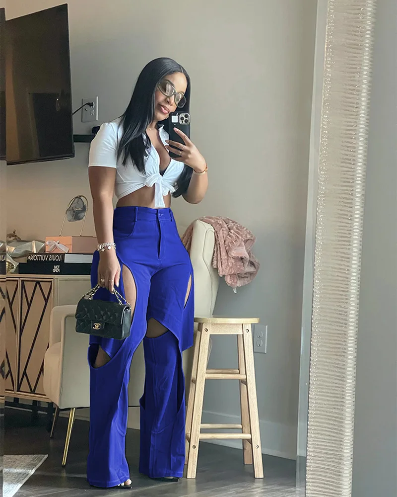 European and American women's color contrast line stitching hollowed out casual pants loose pants sweatpants  women pants