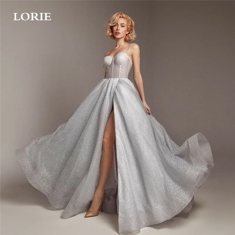 

LORIE Sliver Wedding Dresses Glitter Sparkling Tulle Spaghetti Strap Bride Dress Vestidos de novia Sexy Side Split Wedding Gown