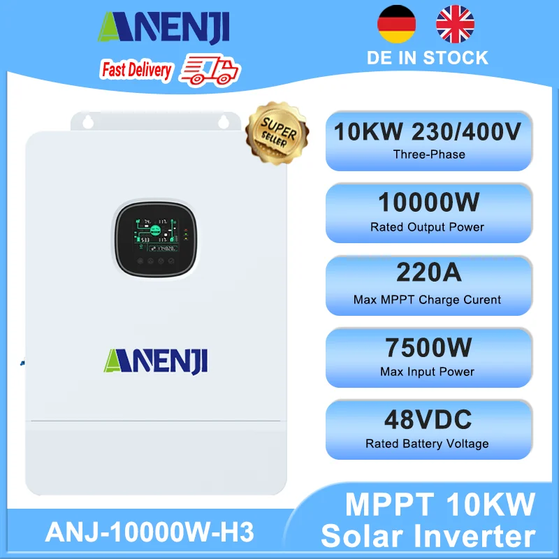 

10KW Solar Inverter 48V Off-Grid Hybrid 2Pcs MPPT Solar Charge Controller Pure Sine Wave 800Vdc 220A 1/3-Phase 230V/400Vac