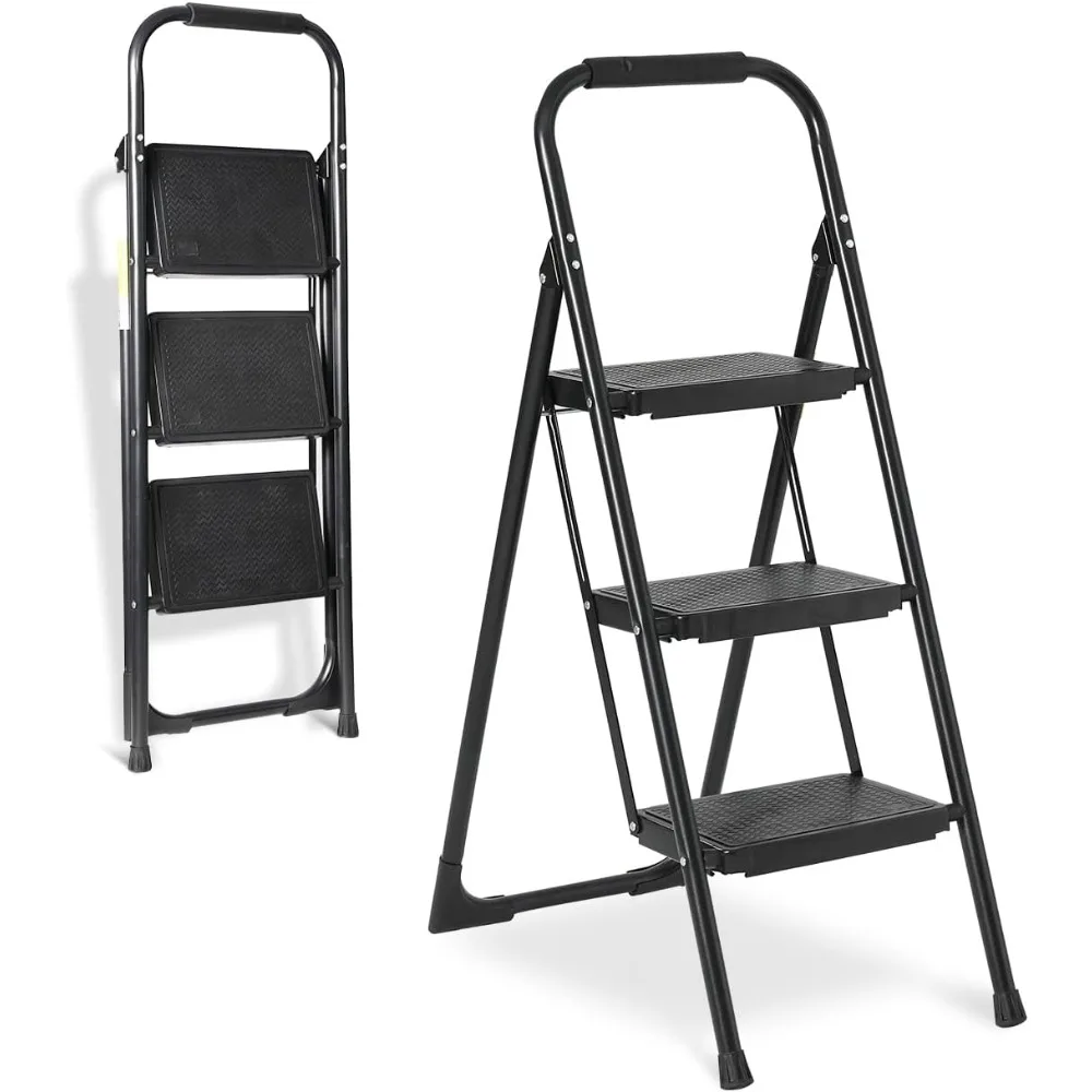 Step Ladder 3 Step Folding with Handgrip, Heavy Duty 440Lbs Load Step Stools for Adults, Safer Ladder for Home/Kitchen