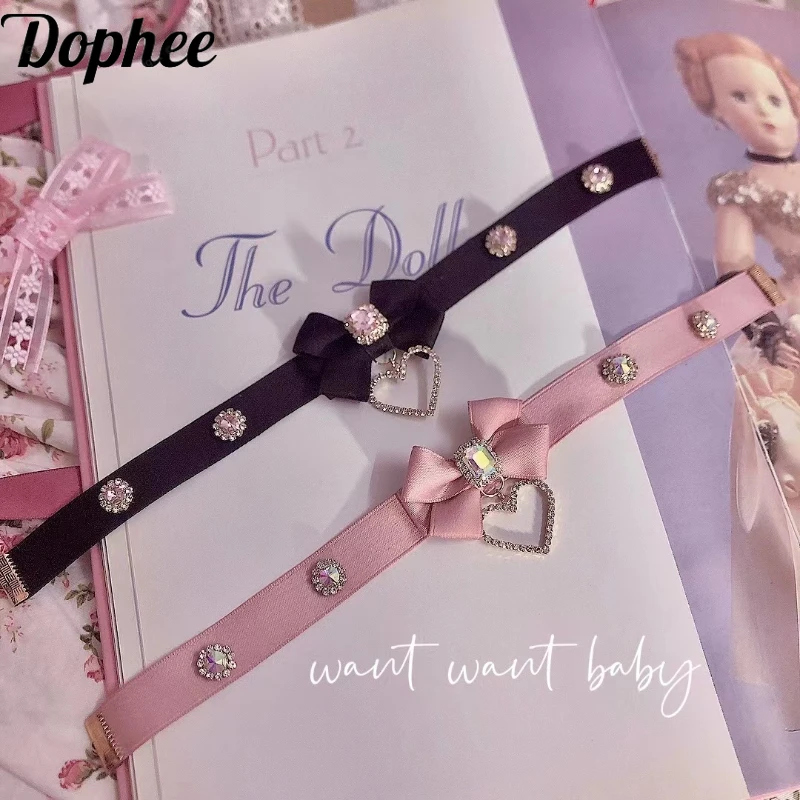 

Dophee Original Handwork Japan Style Rhinestone Bow Women Necklace Lolita Cute Young Girls Neck Chain Clavicular Chain Necklet