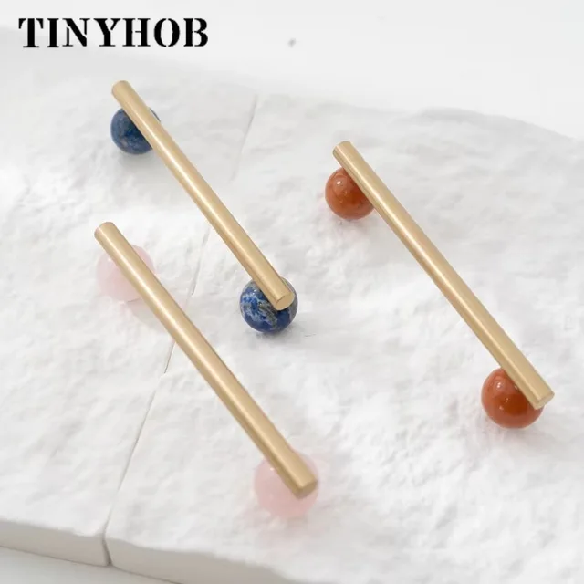 Tinyhob Nordic Art Handle/หินอ่อนธรรมชาติ + ทองเหลืองจับและลูกบิดลิ้นชักดึงKnobsตู้ครัวสีชมพูเฟอร์นิเจอร์ฮาร์ดแวร์ 4