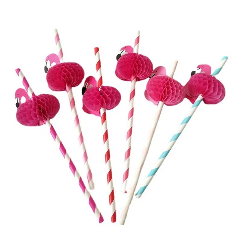 Flamingo Shaped Paper Straw Umbrella Straw Disposable Handmade Honeycomb Paper Art Party Decoration