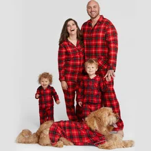 

Christmas Pajamas For Family Classic Red Black Plaid Stitching Long-sleeved Cardigan Sleepwear Casual Adult Kid Matching Clothes