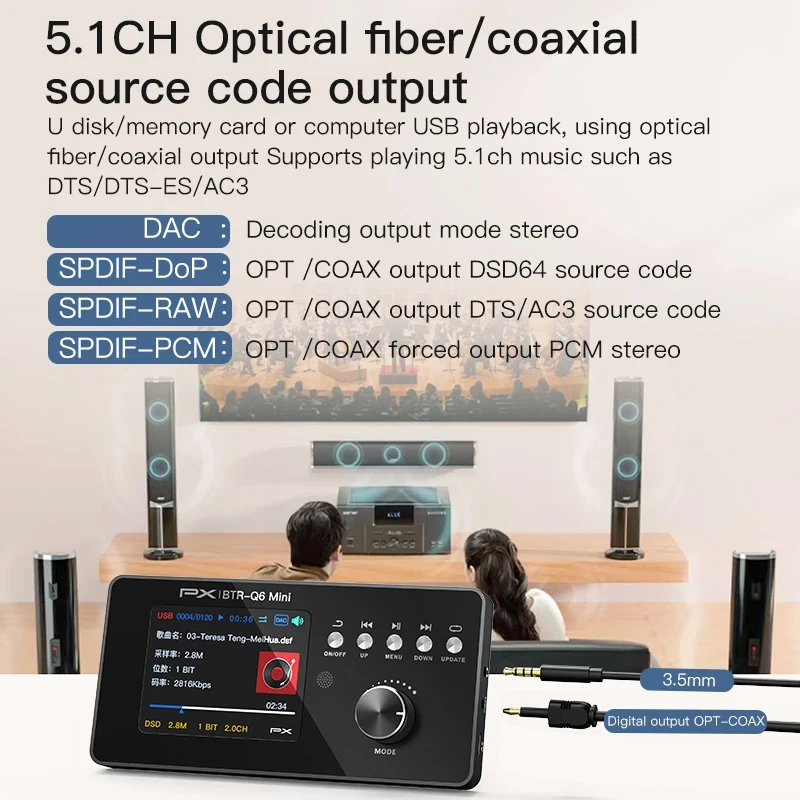 Mini Digital Audio Player Decoder DSD256 Lossless Decoding QCC5125 Bluetooth 5.1 HIFI Player USB TF Card Read 5.1 Channel