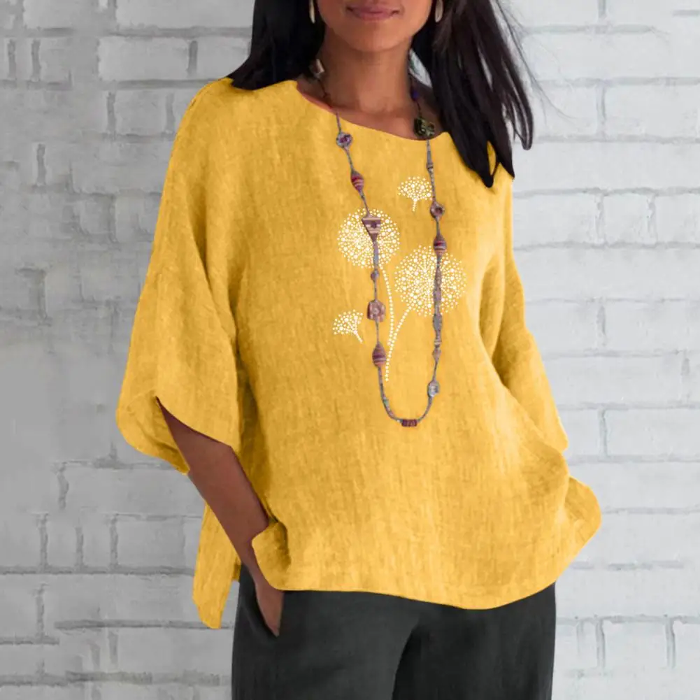

Summer Loose Women Blouse O-Neck Three Quarter Sleeves Simple Floral Print Side Split Casual Pullover Top Streetwear blusas