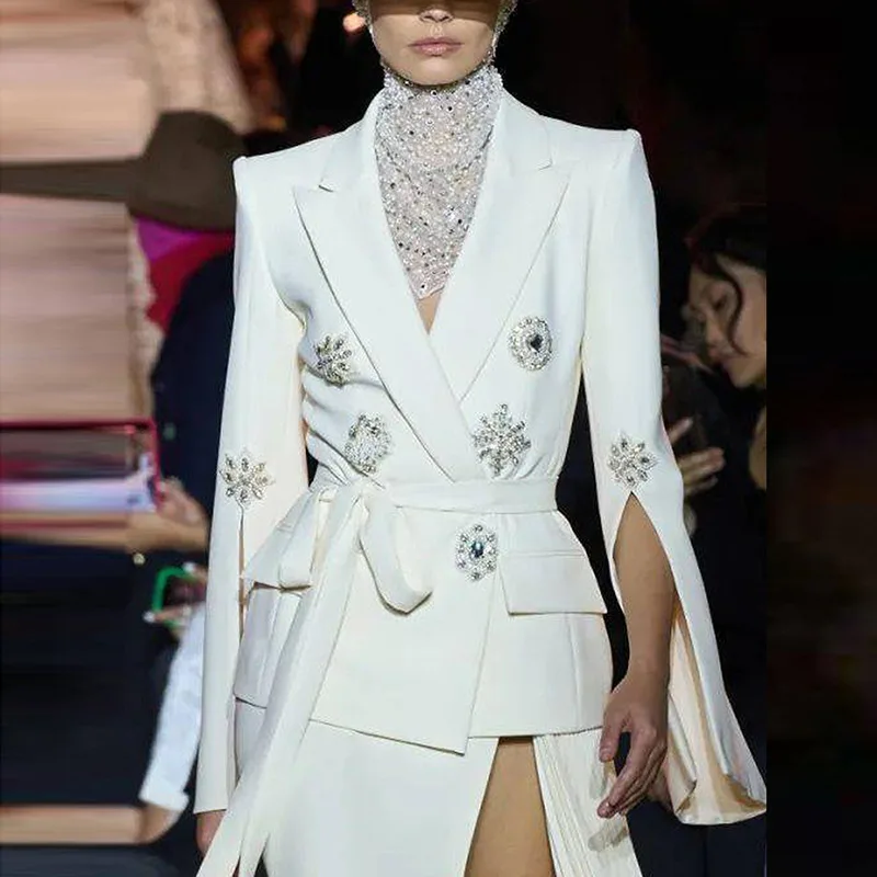 

Women Jacket 1 Piece Fashion Heavy Industry Nail Bead Inlaid Diamond Belt Suit Ivory In Stock Party Blazer Coat