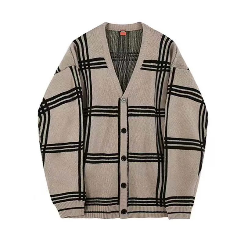 Autumn And Winter Sweater Men\'s Ins Vintage Loose Languid Style Knit Cardigan V-neck Plaid Korean Version Personality Jacket Tre
