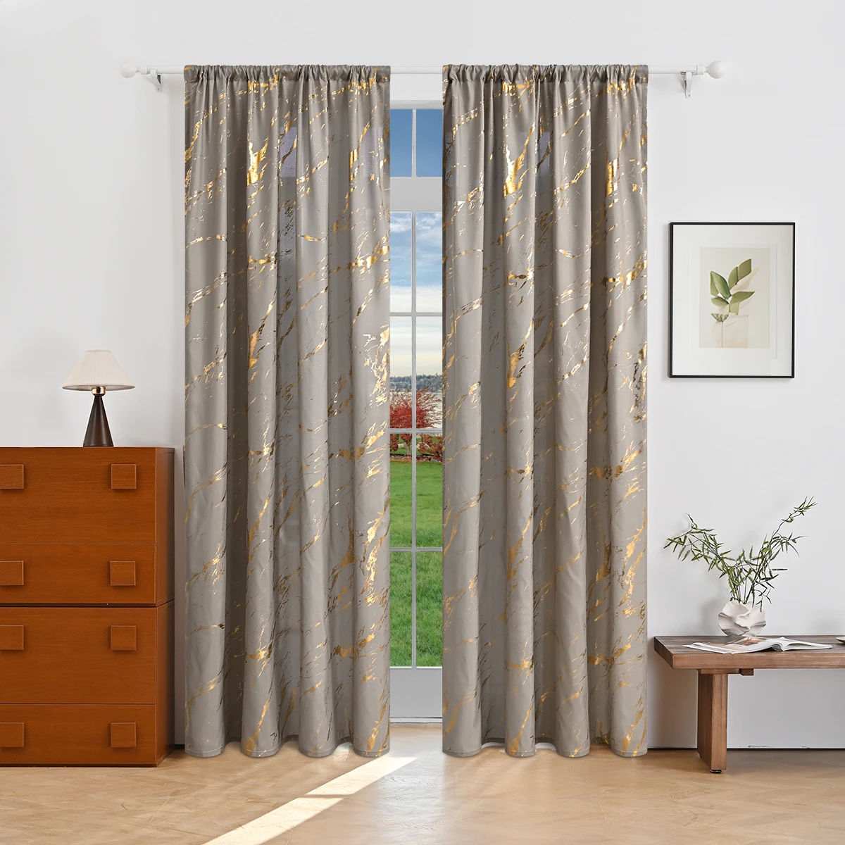 2pcs Luxury Marble Pattern Curtains with Gold Foil Precision, Rod Pocket Window