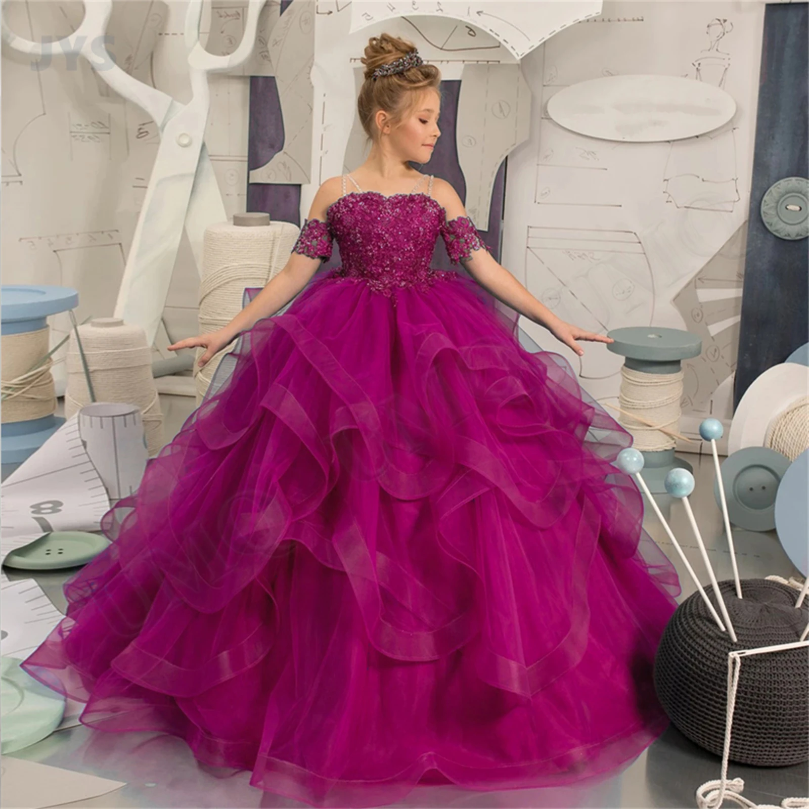 Long appliques flower girl dress ball gown tulle off shoulder birthday wedding party dresses sweet 16 first communion gowns