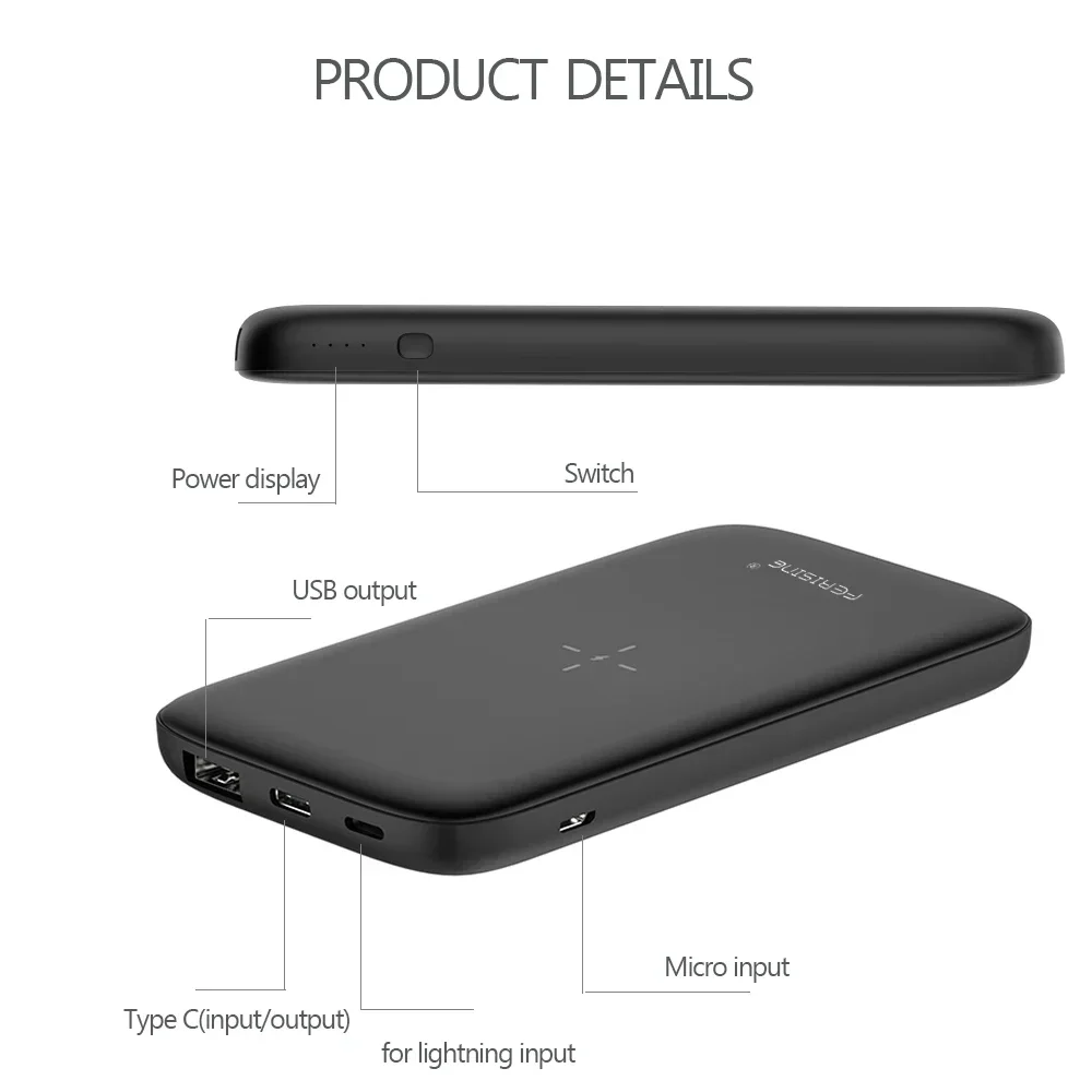 FERISING  3port USB Typc C Wireless Power Bank 5000mAh Portable PowerBank External Battery Charger for iPhone 12 mini Pro Xiaomi 5