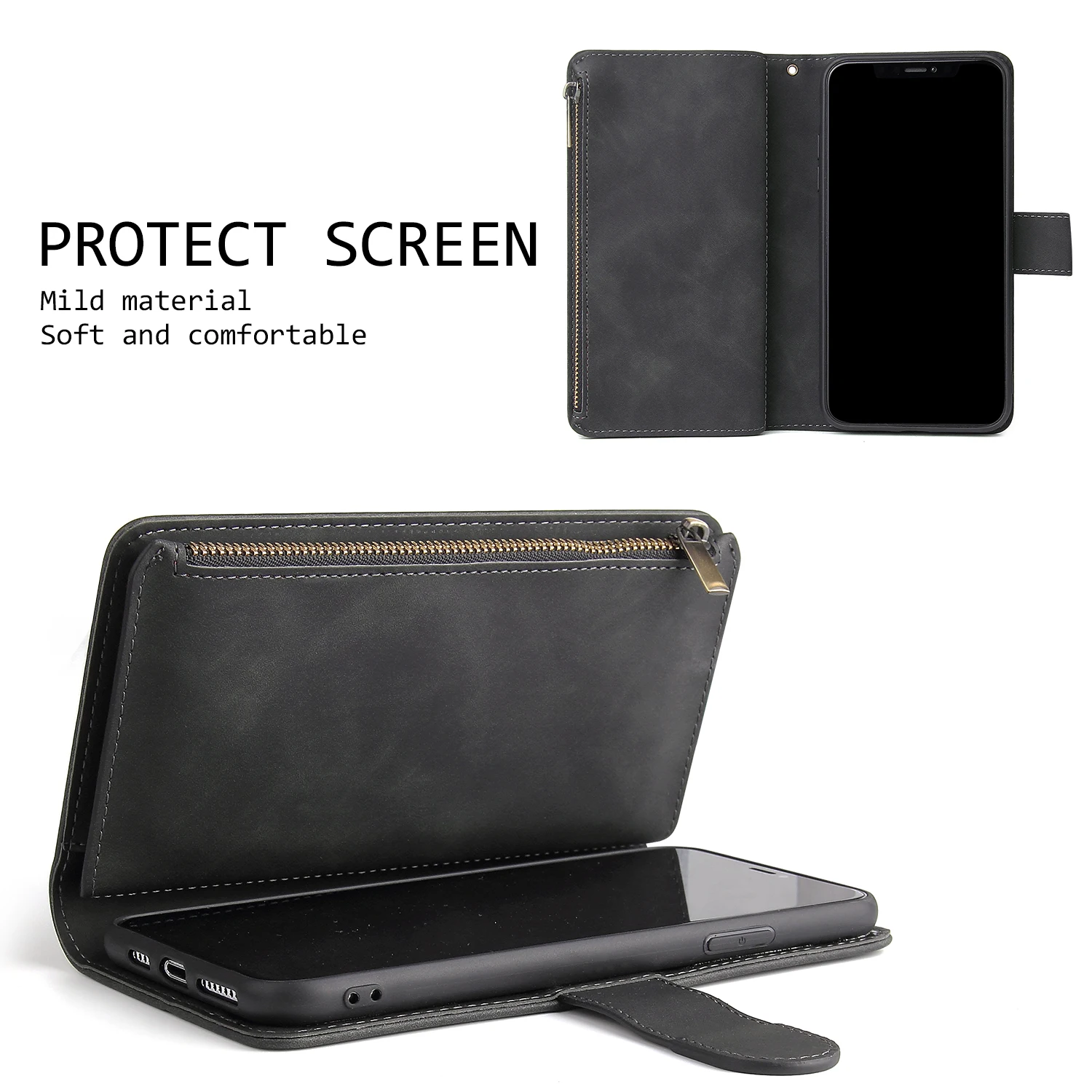 Premium Leather Wallet Case For iPhone 16 15 14 13 12 11 17 Pro Max Plus 17Air 16e Zipper Wallet Card Slots Magnetic Flip Cover