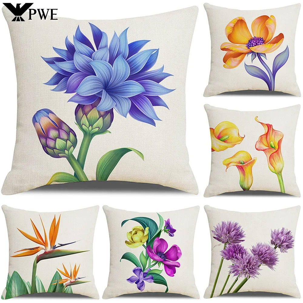 

Simple Style Square Linen Pillowcase 45x45cm Spring Farmhouse Home Decor Cushion Cover Beautiful Flowers Printed Pillow Cover