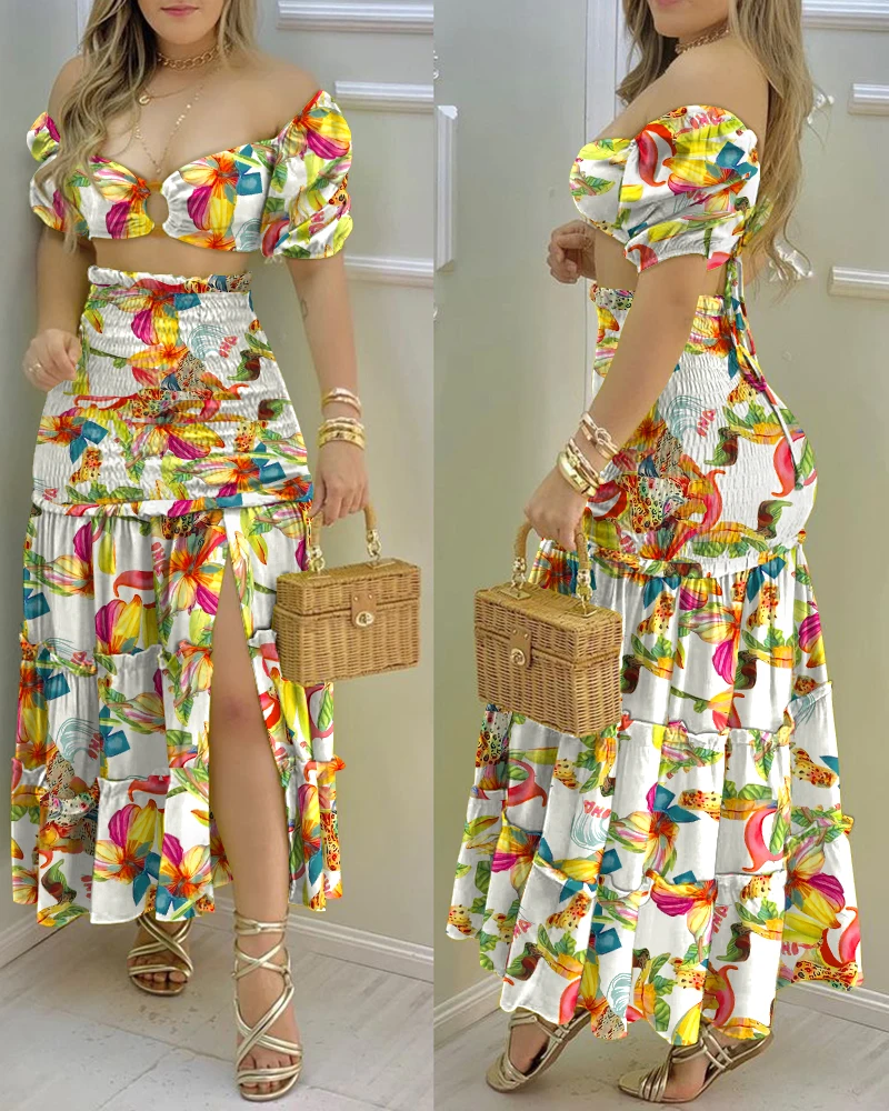 Summer Fashion Holiday Floral Print O Neck Crop Top Shirr +Slit High Waist Women Maxi Skirt Sets 2022 Female Fashion New