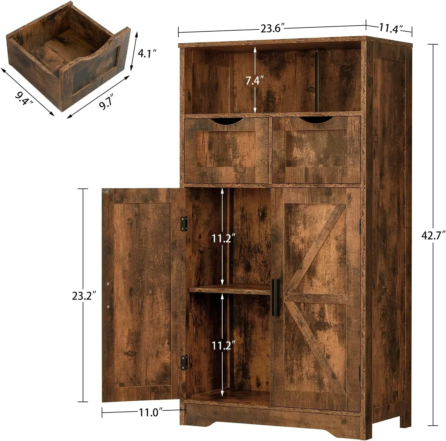 Farmhouse Storage Cabinet. Kitchen Cabinet with 2 Drawers & Shelf. Rustic Brown. For Living Room, Home Office, Kitchen.