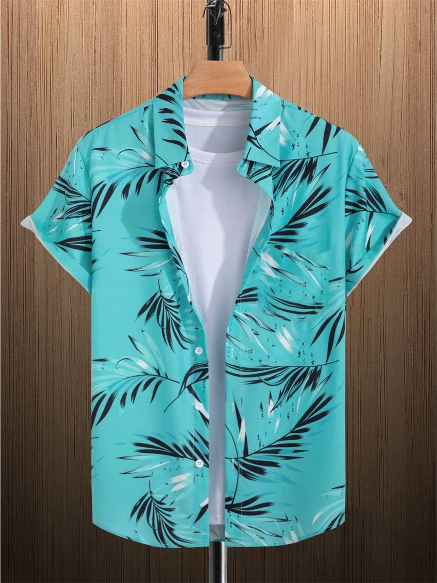 New Fashion Men's Leaf Print Short Sleeve Shirt Summer Beach Resort Style Polyester Tropical Hawaiian Shirt Men's 5XL