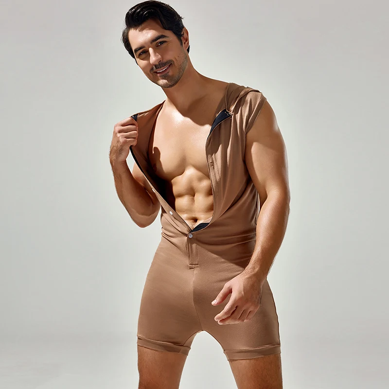 Sexy Pajamas Mens Jumpsuits Slim Fit Elastic Sleeveless Solid Color Bodycon Bodysuits For Men Spring Summer Sleepwear Overalls