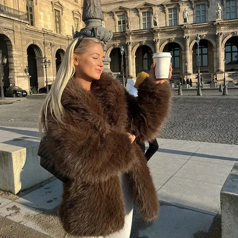Luxury Brown Faux Fur Coats Women Fashion Full Sleeve Lapel Long Warm Jacket Winter Fluffy Thick High Street Outerwear New