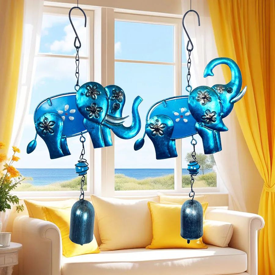 Cute Blue Elephant Bell Wind Chime Gentle Style Indoor Wall Outdoor Courtyard Terrace Porch Hanging Decoration Birthday Valentine's Day Housewarming Gift