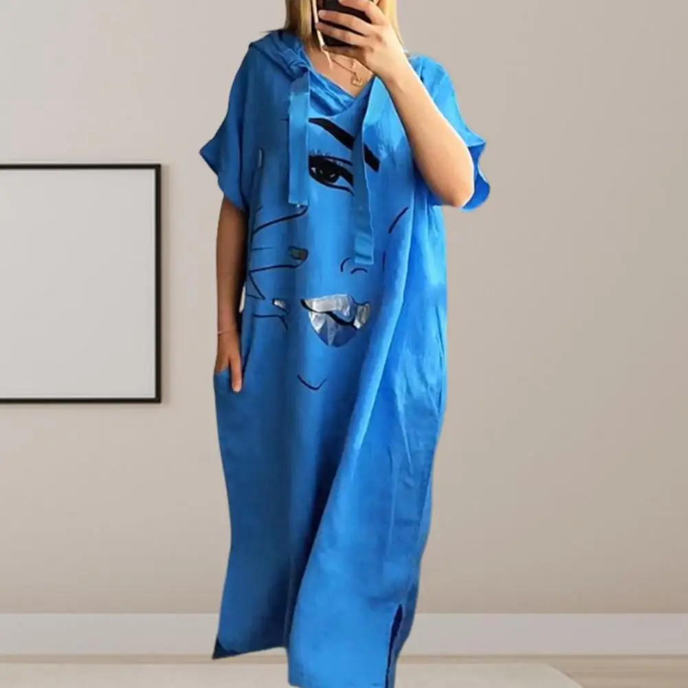 

Bohemian Style Dress Hooded V-neck Dress Bohemian Face Print Hooded Midi Dress with Side Pocket Slit Hem Urban Style for A