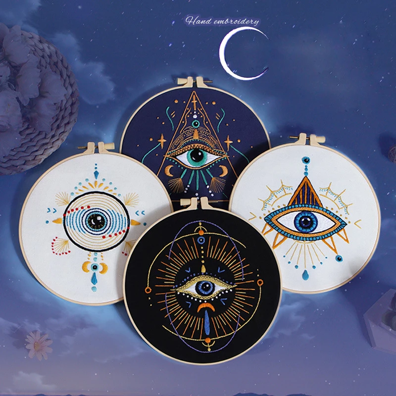 Evil Eyes Embroidery Kit for Adults with EN Instruction,Stamped Cloth, Thread,Needle for DIY Homework Teenager Gift