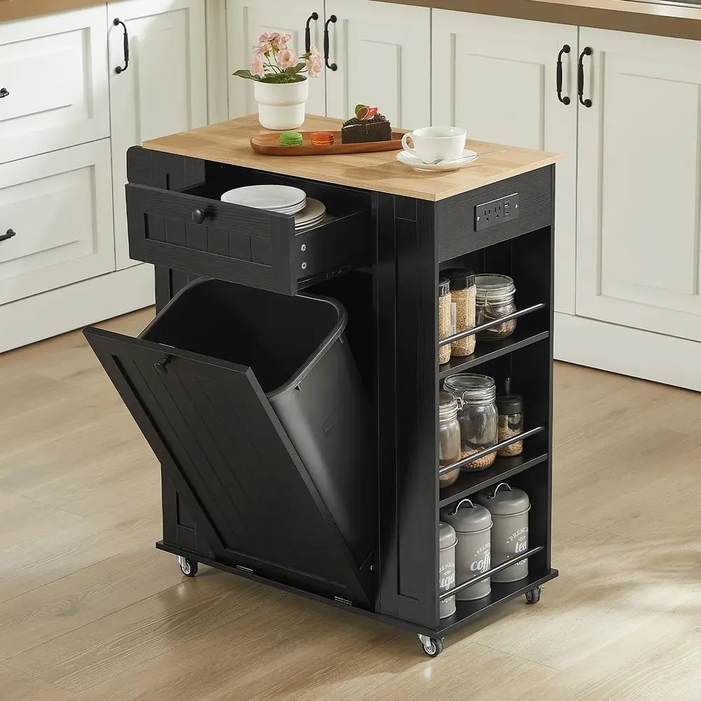 35 Kitchen Island with Trash Can Cabinet amp Power Outlet, Rolling Kitchen Cart with Storage Drawer, 6Tier Spice Rack, Portable 1
