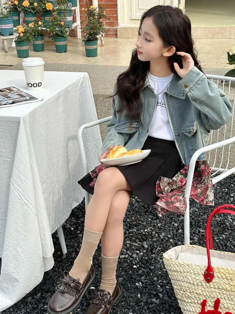 여자 꽃 패치 워크 데님 재킷 봄 가을 패션 어린이를위한 다목적 탑 십대 겉옷 아동복