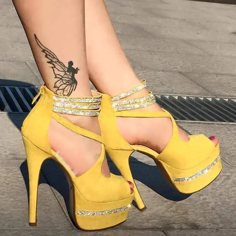 

Lemon Yellow Suede Cross Strap Rhinestone Thick Platform Sandals Gladiator Peep Toe Super High Heel Woman Party Shoes